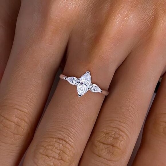 1.6cttw Marquise Cut Moissanites 3 stone D Color VVS1 Clarity Engagement Ring - Picture 5 of 6